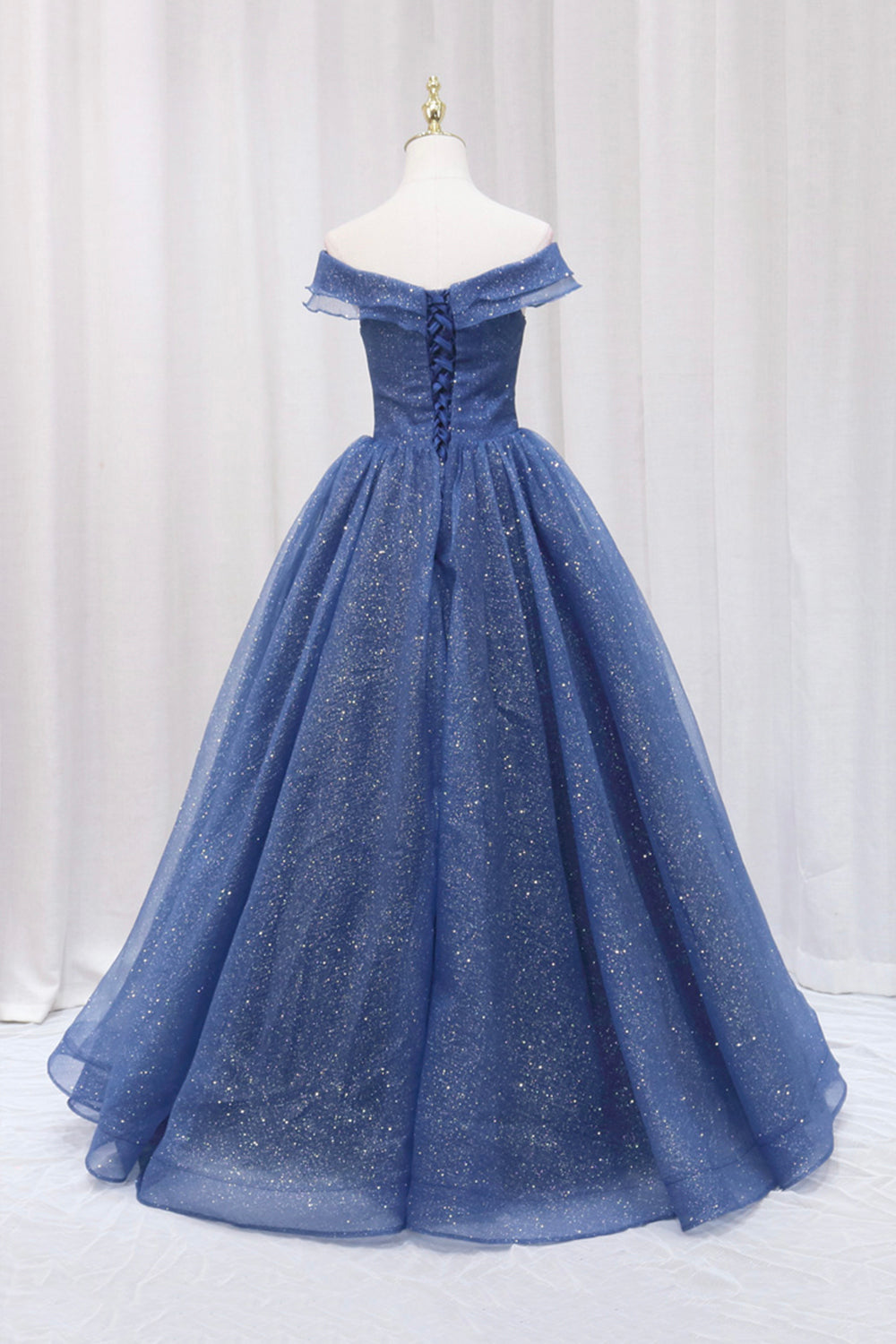 Bridesmaid Dress Shop, Blue Shiny Tulle Off the Shoulder Prom Dress, Blue V-Neck Evening Dress