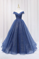 Bridesmaid Dress 2026, Blue Shiny Tulle Off the Shoulder Prom Dress, Blue V-Neck Evening Dress