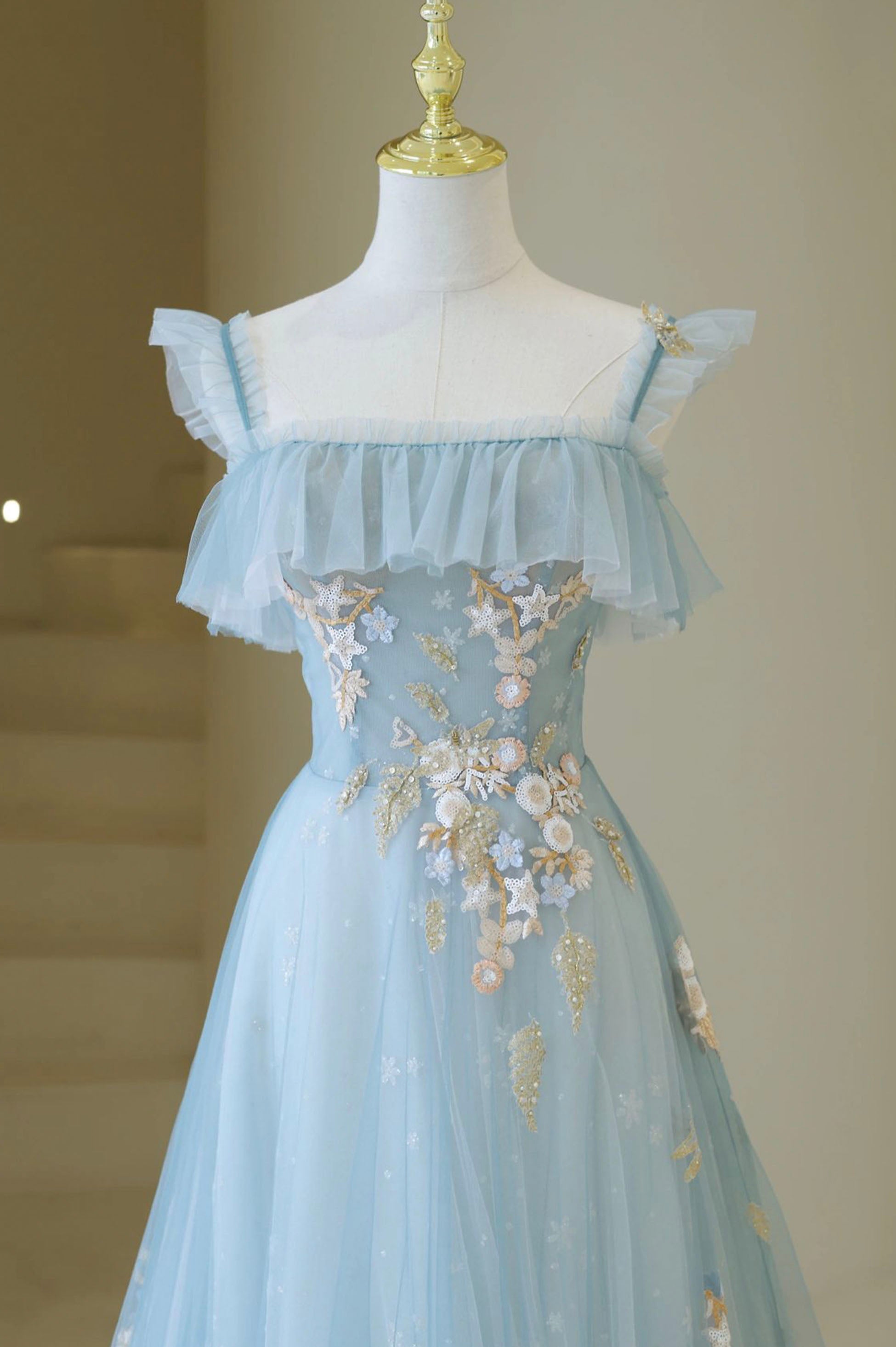 Prom Dresses Princesses, Blue Spaghetti Strap Lace Long Prom Dress, Cute A-Line Graduation Dress