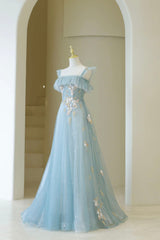 Prom Dresse Princess, Blue Spaghetti Strap Lace Long Prom Dress, Cute A-Line Graduation Dress