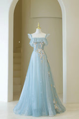 Prom Dresses2020, Blue Spaghetti Strap Lace Long Prom Dress, Cute A-Line Graduation Dress