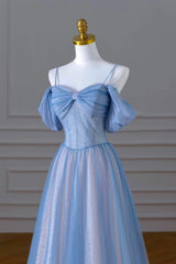 Evening Dresses Sale, Blue Spaghetti Strap Tulle Long Prom Dress, A-Line Evening Dress