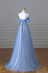 Evening Dress For Sale, Blue Spaghetti Strap Tulle Long Prom Dress, A-Line Evening Dress
