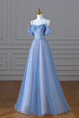 Evening Dresses Near Me, Blue Spaghetti Strap Tulle Long Prom Dress, A-Line Evening Dress