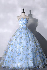 Party Dress For Baby, Blue Strapless Tulle Long Prom Dress, A-Line Evening Dress Party Dress