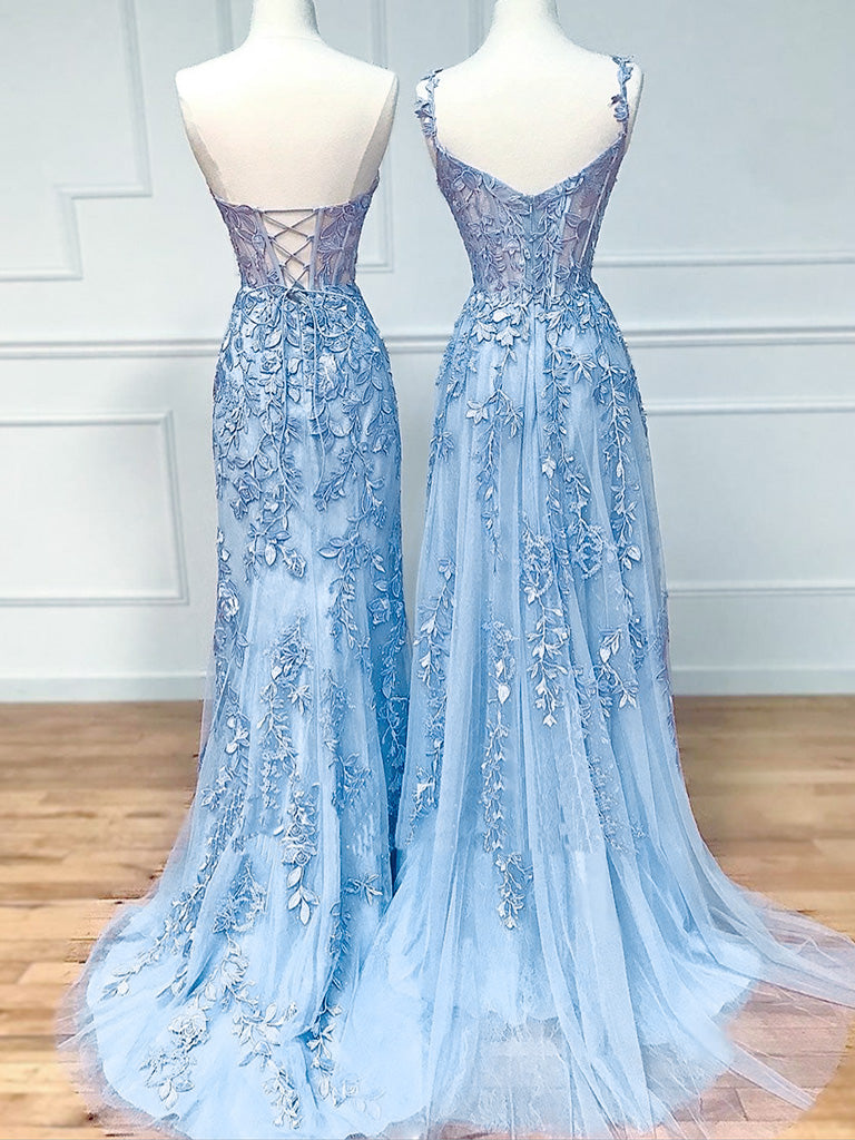 Prom Dresses Laced, Blue Sweetheart Neck Lace Long Prom Dresses, Blue Lace Graduation Dress