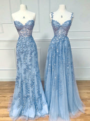 Prom Dresses Ball Gowns, Blue Sweetheart Neck Lace Long Prom Dresses, Blue Lace Graduation Dress