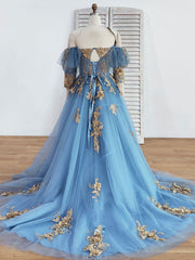 Formal Dress Floral, Blue Sweetheart Neck Off Shoulder Long Prom Dress, Lace Evening Dresses