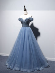 Prom Dress Under 53, Blue Sweetheart Neck Tulle Beads Off Shoulder Long Prom Dress