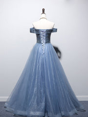 Prom Dresses 2025 Ball Gown, Blue Sweetheart Neck Tulle Beads Off Shoulder Long Prom Dress