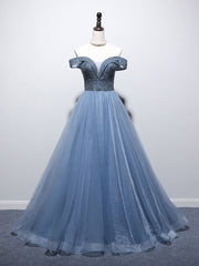 Prom Dress 03, Blue Sweetheart Neck Tulle Beads Off Shoulder Long Prom Dress