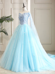 Prom Dress Uk, Blue Sweetheart Neck Tulle Lace Long Prom Dress, Blue Evening Dress