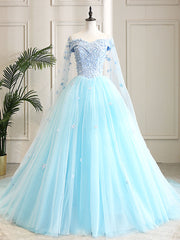 Prom Dresses2026, Blue Sweetheart Neck Tulle Lace Long Prom Dress, Blue Evening Dress