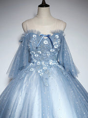 Prom Dress Shop Near Me, Blue Sweetheart Neck Tulle Lace Long Prom Dress, Blue Evening Dress