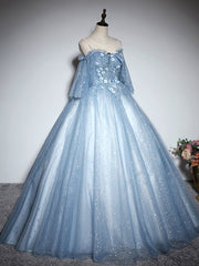 Prom Dresses V Neck, Blue Sweetheart Neck Tulle Lace Long Prom Dress, Blue Evening Dress