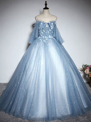 Prom Dress Shops Near Me, Blue Sweetheart Neck Tulle Lace Long Prom Dress, Blue Evening Dress