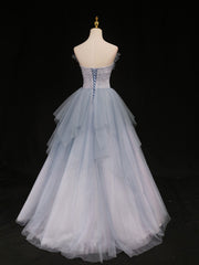 Party Dress For Babies, Blue Sweetheart Neck Tulle Long Prom Gown, Blue Long Formal Graduation Dress