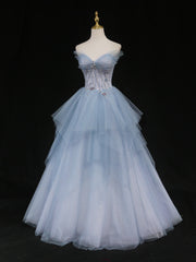 Party Dresses Short Tight, Blue Sweetheart Neck Tulle Long Prom Gown, Blue Long Formal Graduation Dress