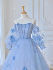 Prom Dresses Sale, Blue Sweetheart Tulle 3D Flower Long Prom Dress, Blue Evening Dress