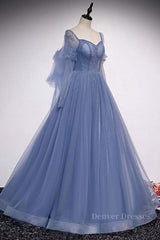 Black Tie Wedding Guest Dress, Blue sweetheart tulle sequin long prom dress blue formal dress