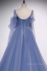 Ethereal Dress, Blue sweetheart tulle sequin long prom dress blue formal dress