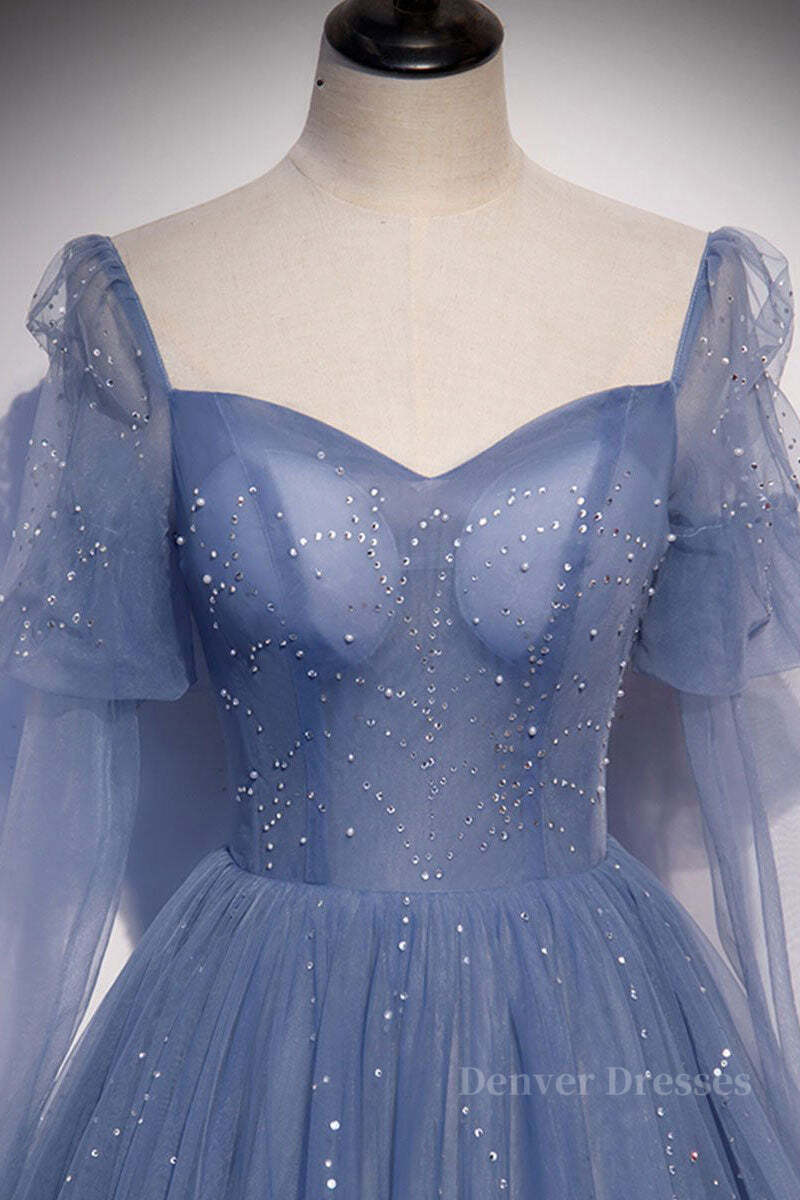 Chiffon Dress, Blue sweetheart tulle sequin long prom dress blue formal dress