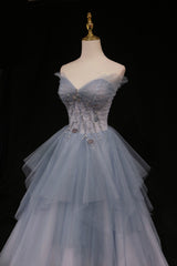 Prom Dress Long Elegant, Blue Tulle A-Line Strapless Long Prom Dress, Blue Evening Party Dress