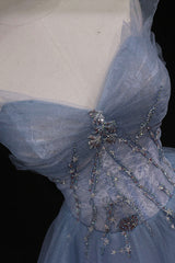 Prom Dresses Silk, Blue Tulle A-Line Strapless Long Prom Dress, Blue Evening Party Dress