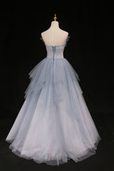 Prom Dress Pieces, Blue Tulle A-Line Strapless Long Prom Dress, Blue Evening Party Dress
