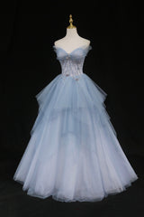 Prom Dress Long Elegent, Blue Tulle A-Line Strapless Long Prom Dress, Blue Evening Party Dress