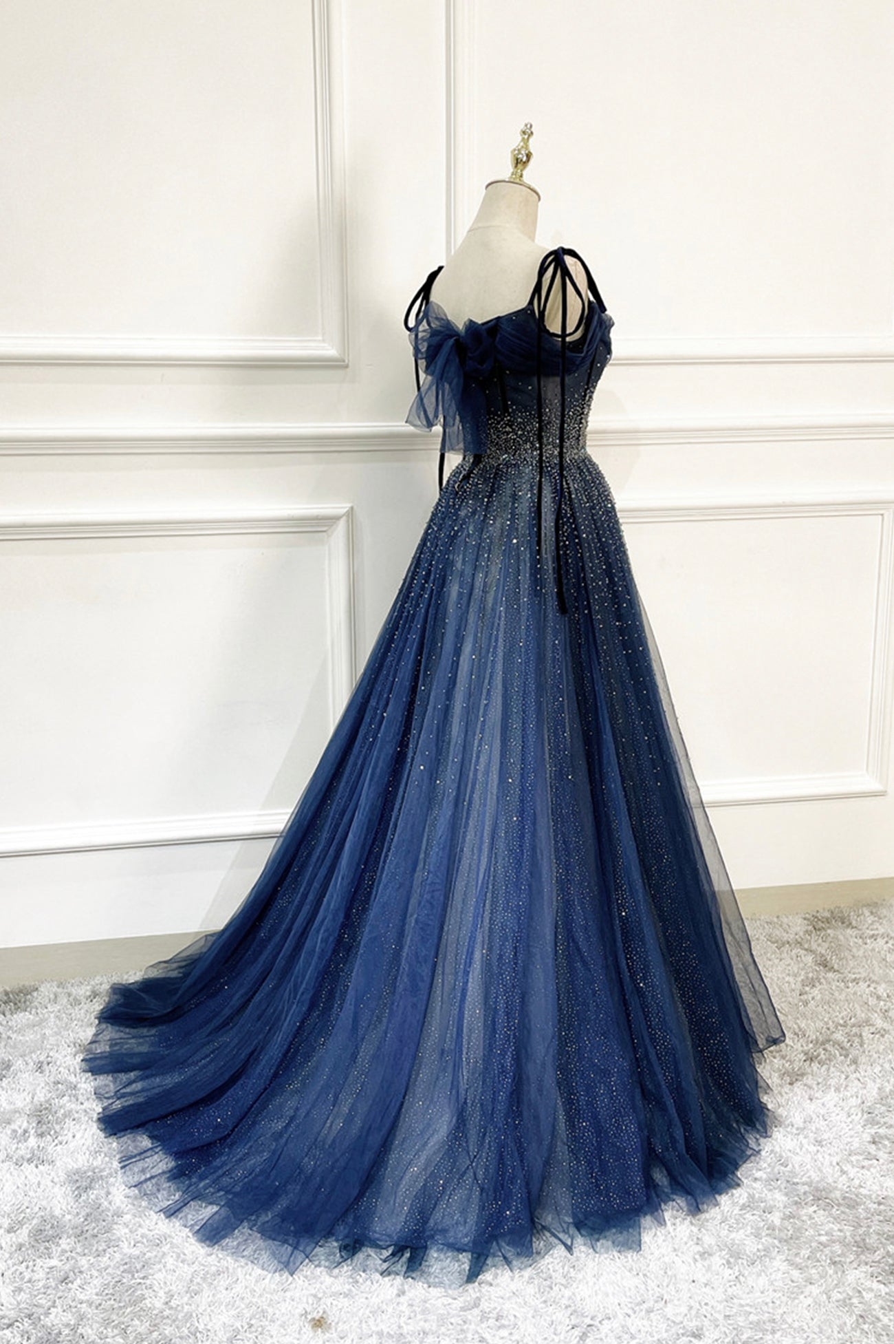 Bridesmaid Dresses Winter, Blue Tulle Beaded Long A-Line Prom Dress, Blue Spaghetti Straps Evening Dress