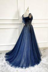 Bridesmaid Dresses Winter, Blue Tulle Beaded Long A-Line Prom Dress, Blue Spaghetti Straps Evening Dress