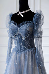 Wedding Ideas, Blue Tulle Beaded Long Prom Dress, A-Line Long Sleeve Evening Dress