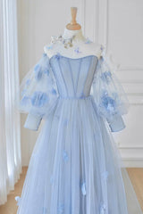 Party Dresses For 15 Year Olds, Blue Tulle Flowers Long Prom Dress, Lovely A-Line Puff Sleeve Evening Dress