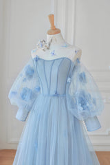 Party Dress Ideas For Winter, Blue Tulle Flowers Long Prom Dress, Lovely A-Line Puff Sleeve Evening Dress