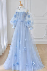 Party Dresses Night Out, Blue Tulle Flowers Long Prom Dress, Lovely A-Line Puff Sleeve Evening Dress