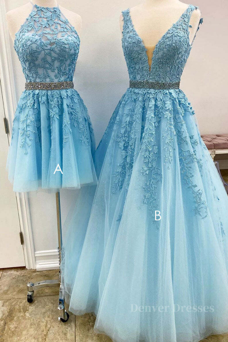 Bridesmaids Dress Affordable, Blue tulle lace A line prom dress blue lace tulle formal dress