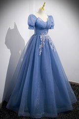 Prom Dresses Red, Blue Tulle Lace Floor Length Prom Dress, Blue Short Sleeve Evening Dress