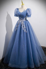 Prom Dress Online, Blue Tulle Lace Floor Length Prom Dress, Blue Short Sleeve Evening Dress