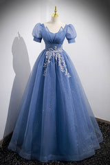 Prom Dress Sales, Blue Tulle Lace Floor Length Prom Dress, Blue Short Sleeve Evening Dress