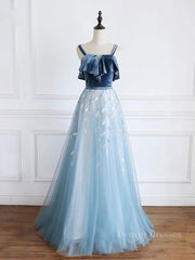 Evening Dress Long, Blue tulle lace long prom dress, blue tulle formal dress