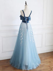 Evening Dress Boutique, Blue tulle lace long prom dress, blue tulle formal dress