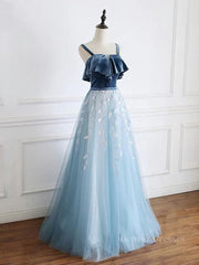 Evenning Dresses Long, Blue tulle lace long prom dress, blue tulle formal dress