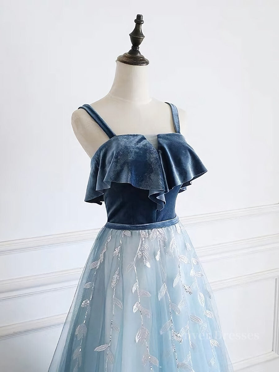 Evening Dress Online, Blue tulle lace long prom dress, blue tulle formal dress