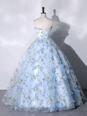 Party Dresses Sale, Blue Tulle Lace Long Prom Dresses, Ball Gown Blue Sweet 16 Dresses