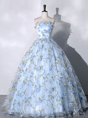 Party Dresses Sales, Blue Tulle Lace Long Prom Dresses, Ball Gown Blue Sweet 16 Dresses