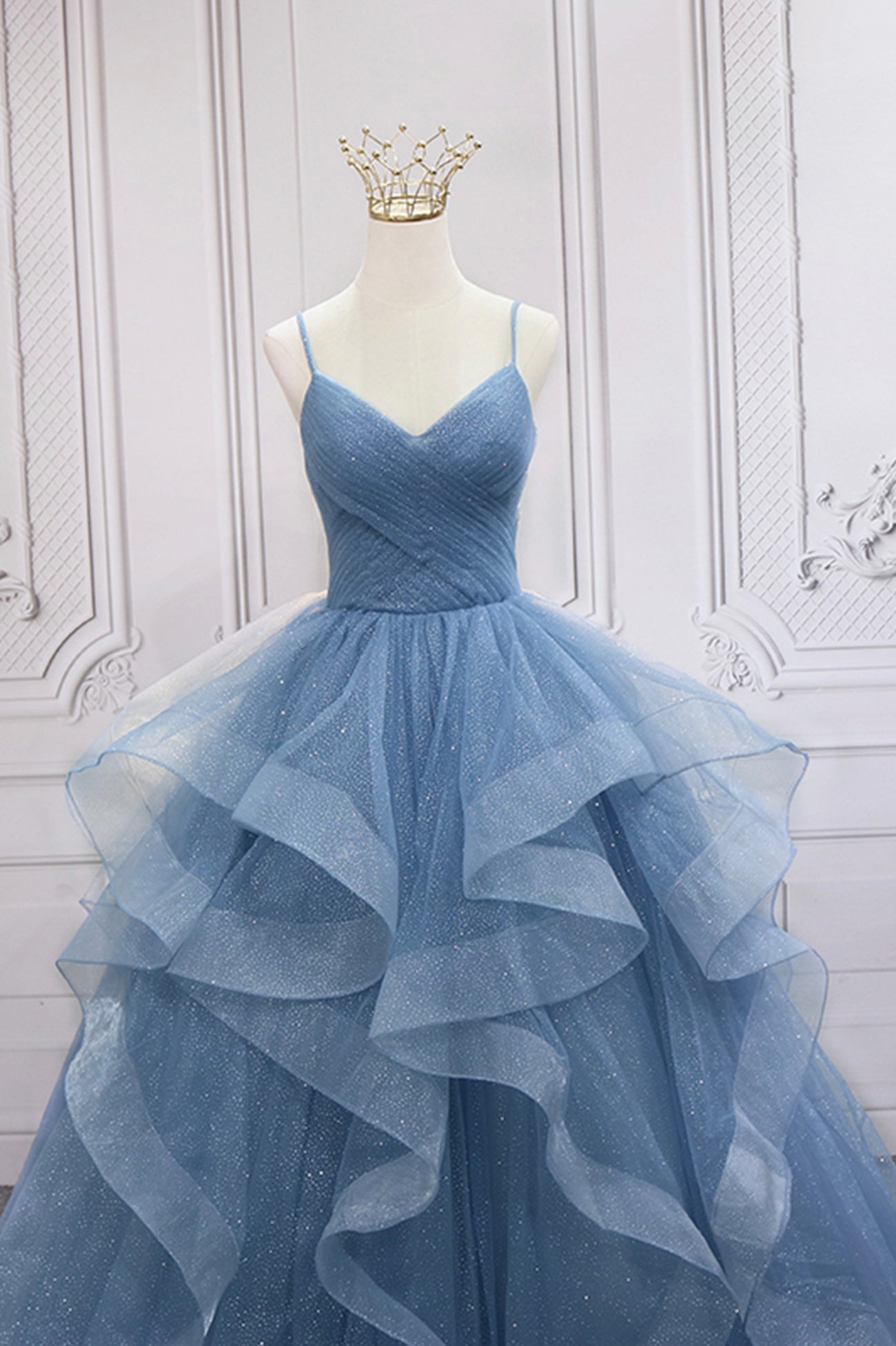 Prom Dresses Long With Sleeves, Blue Tulle Layers Long Formal Dress, Blue Tulle with Straps Party Dress
