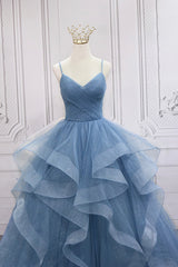 Prom Dresses Long With Sleeves, Blue Tulle Layers Long Formal Dress, Blue Tulle with Straps Party Dress