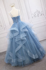 Prom Dress Long Mermaid, Blue Tulle Layers Long Formal Dress, Blue Tulle with Straps Party Dress