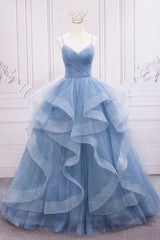 Prom Dress Long With Sleeves, Blue Tulle Layers Long Formal Dress, Blue Tulle with Straps Party Dress